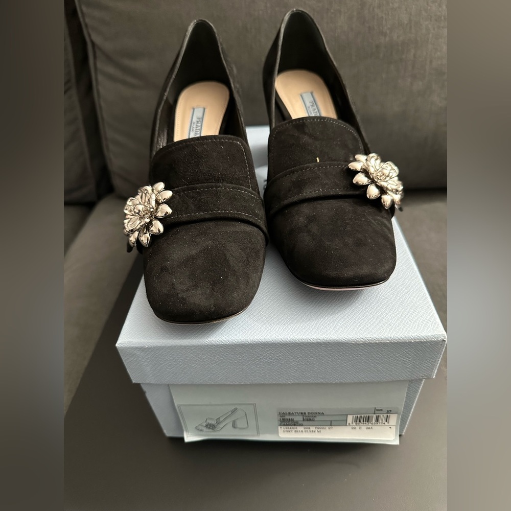 Prada Size 37 Black Suede Block Heel Pumps w/ Silver Embellished Flower With Box